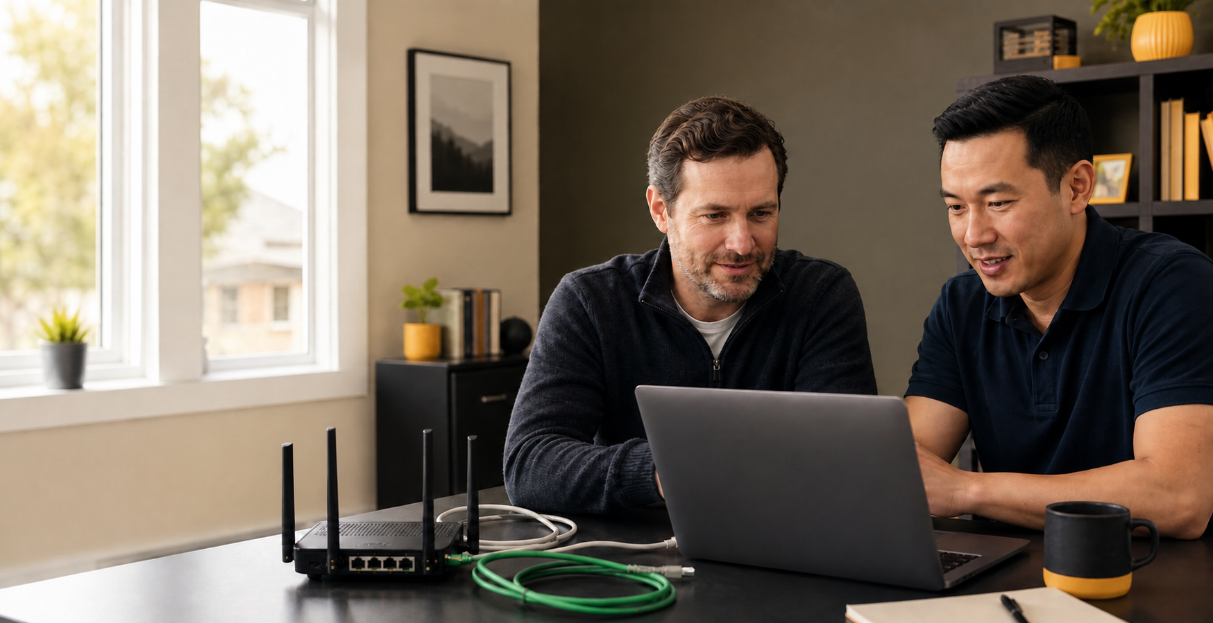 An IT professional working with a business owner on office technology