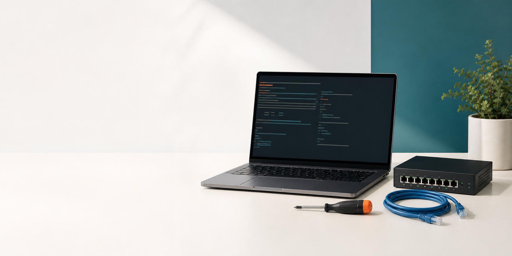 A neatly organized IT workstation with a laptop and network equipment